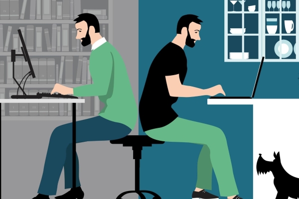 A mirror image illustration of a man working from home and an office. The surroundings are similar but in the office he works on a PC with a bookcase in the background. At home he is on a laptop with a small dog at his feet and ornaments on the wall